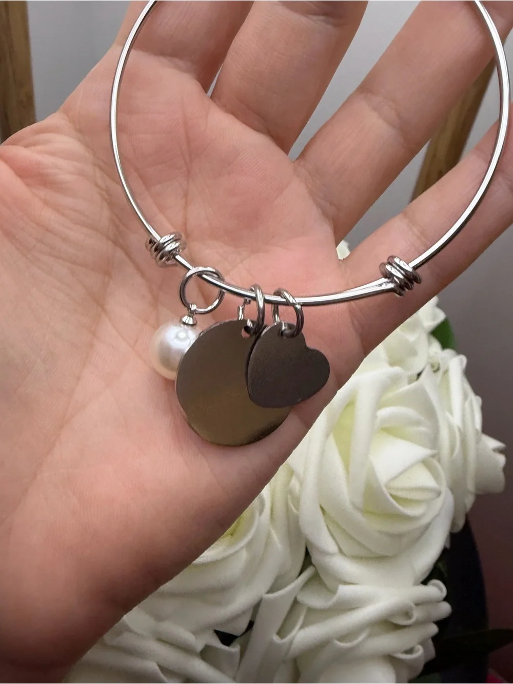 Silver Charm Bangle Bracelet with Pearl - Sister Love